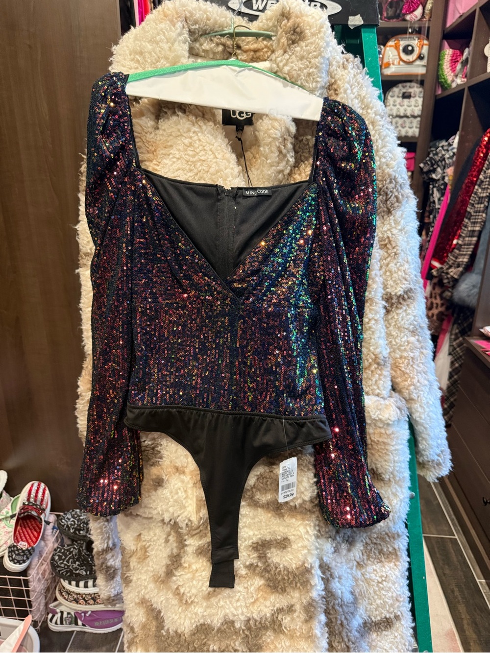 Mind Code Black Multicolor Sequin One-Piece Bodysuit
